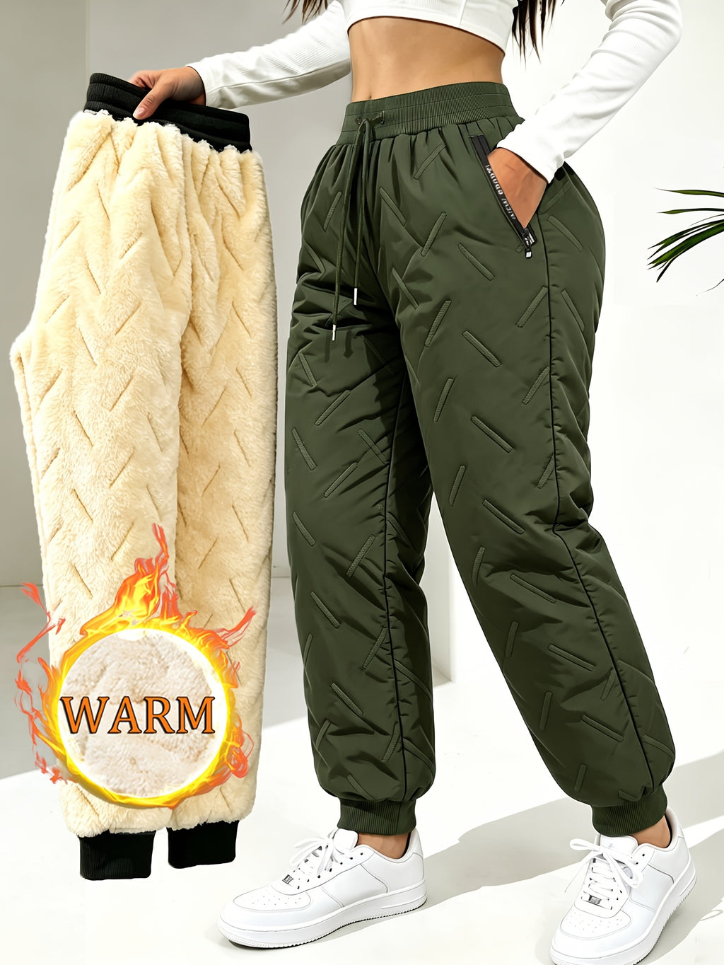 Hidkat Women's Winter Thermal Trousers - -Lined Thickened Pants with Soundwave Technology Embossed Fabric, Zipper Pockets & Adjustable Waist, Cuffed Tapered Trousers Suitable for Outdoor Casual Wear, Gift Exchange (Hand Washable) - Olive Green