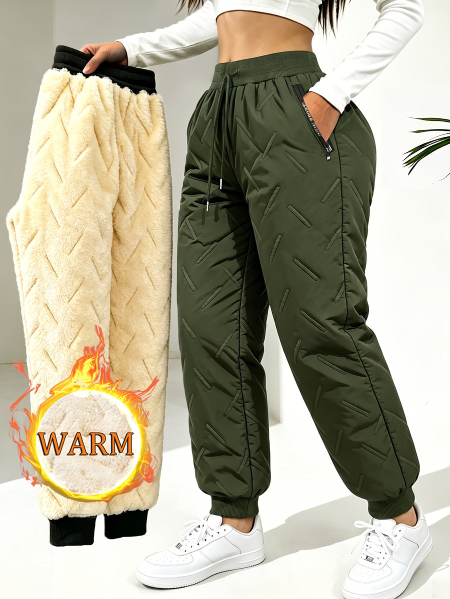 Hidkat Women's Winter Thermal Trousers - -Lined Thickened Pants with Soundwave Technology Embossed Fabric, Zipper Pockets & Adjustable Waist, Cuffed Tapered Trousers Suitable for Outdoor Casual Wear, Gift Exchange (Hand Washable) - Olive Green