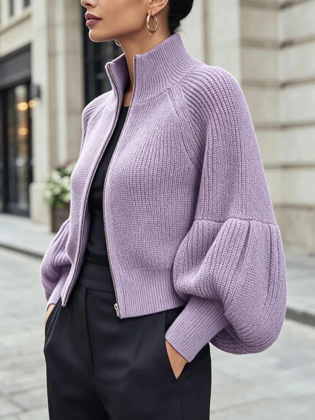 New Autumn/Winter 2026 Commuter Style Stand Collar Zipper Short Cardigan - Violet