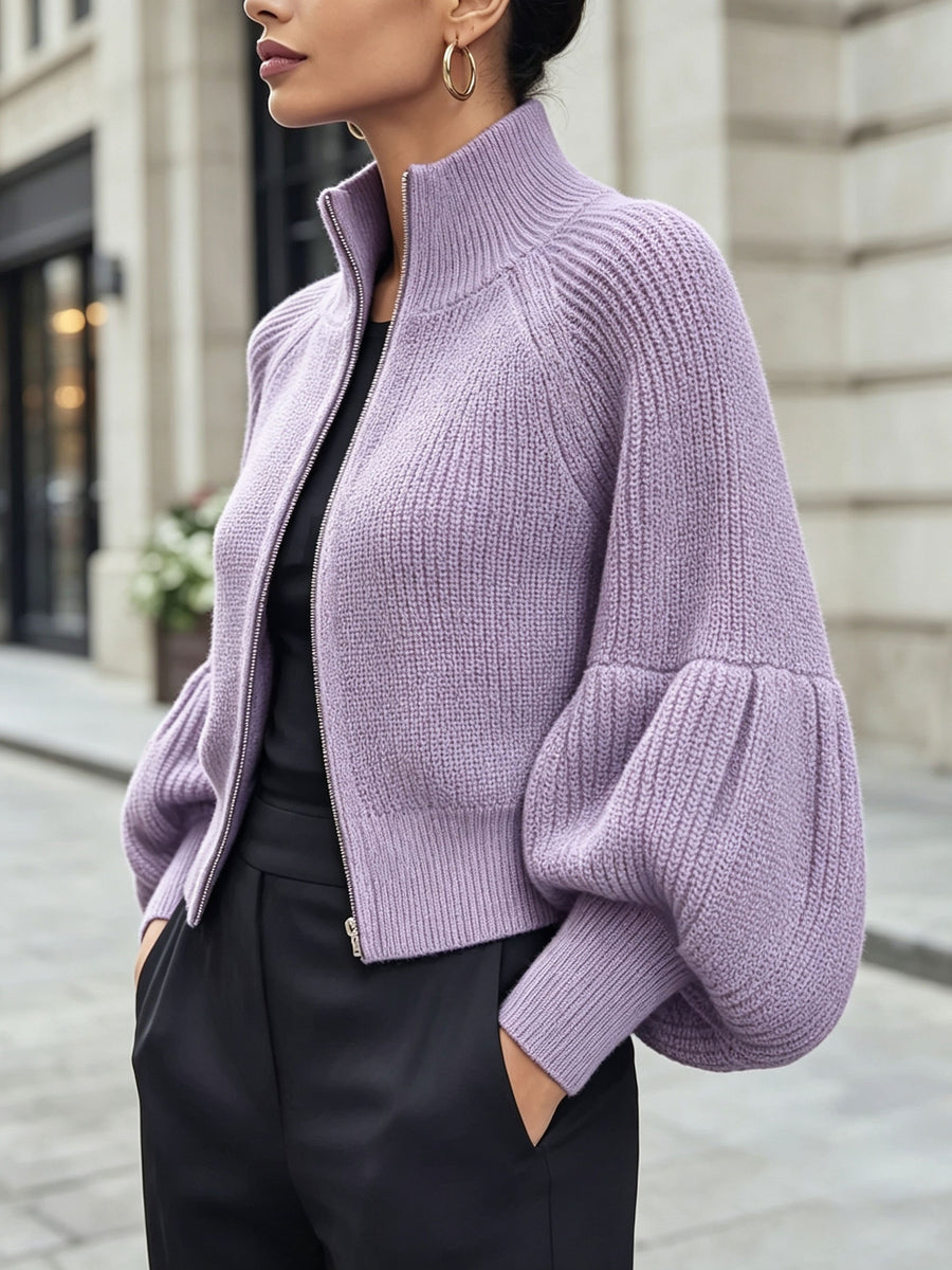 New Autumn/Winter 2026 Commuter Style Stand Collar Zipper Short Cardigan - Violet