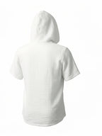 Men'S Summer Hooded Short Sleeve T-Shirt, Henley Collar Half-Open Placket Button Design, Drawstring Decor Breathable Comfortable Loose Casual Home Vacation Top, Holiday Gift - White