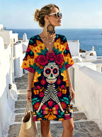 Day of the Dead Floral Skull Art Print V-Neck Dress, Featuring a Bold Vintage Color-block Design, Loose Drop-shoulder Short Sleeves, and an Artistic Aesthetic. The Dress Has a Graceful Drape for Comfortable Wear, Making It Perfect for Themed Parties - Mixed colors