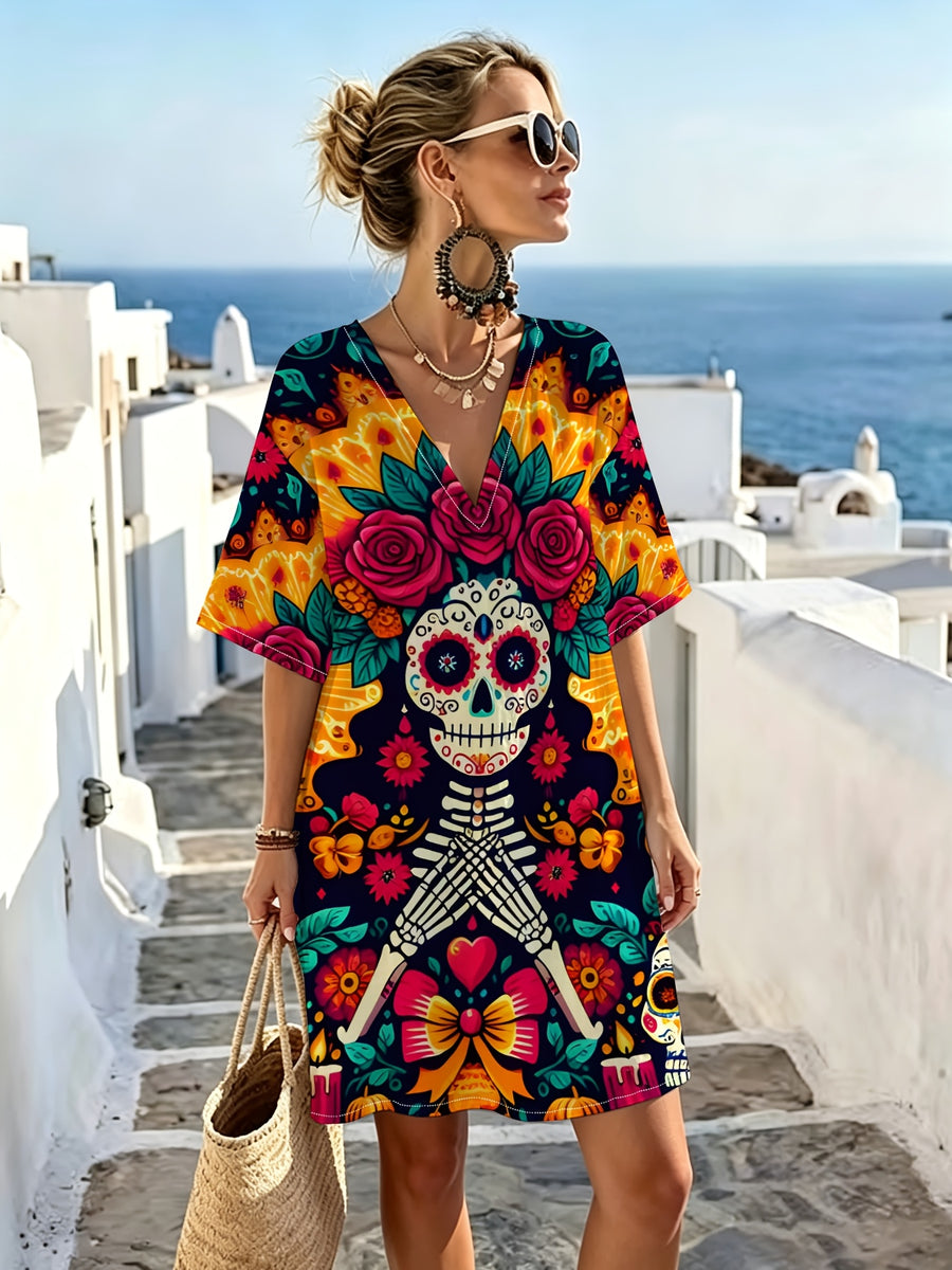 Day of the Dead Floral Skull Art Print V-Neck Dress, Featuring a Bold Vintage Color-block Design, Loose Drop-shoulder Short Sleeves, and an Artistic Aesthetic. The Dress Has a Graceful Drape for Comfortable Wear, Making It Perfect for Themed Parties - Mixed colors