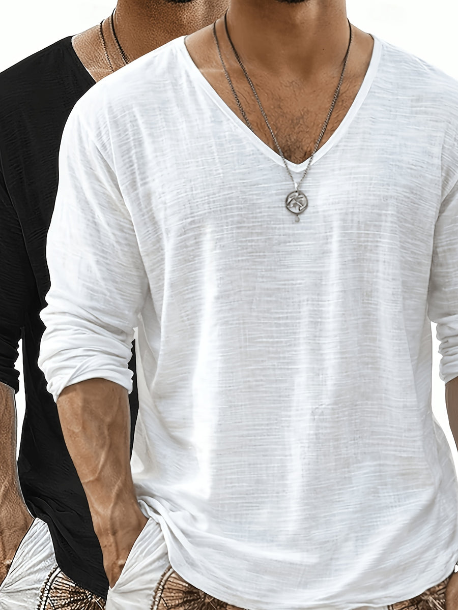 2pcs Set of Solid Color Casual Long Sleeve T-Shirts, Men'S V-Neck Breathable Versatile Top - White+black