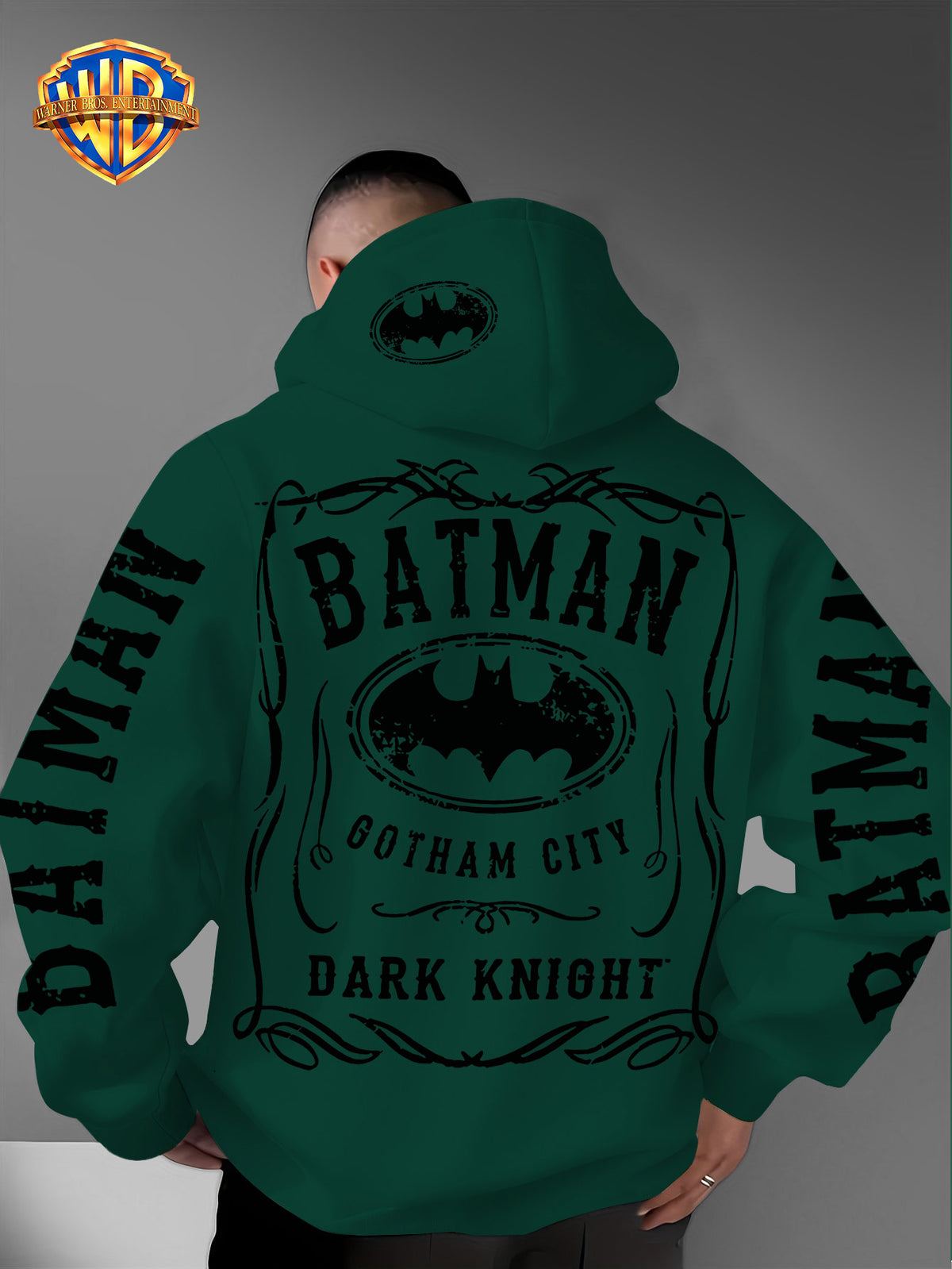 Warner Bros. Authorized American Cool Batman Retro Border Printed Hooded Sweatshirt with Adjustable Drawstring, Comfortable And Warm, Fashionable And Versatile Men'S Casual Sweatshirt, Suitable for Autumn And Winter Wear - Green