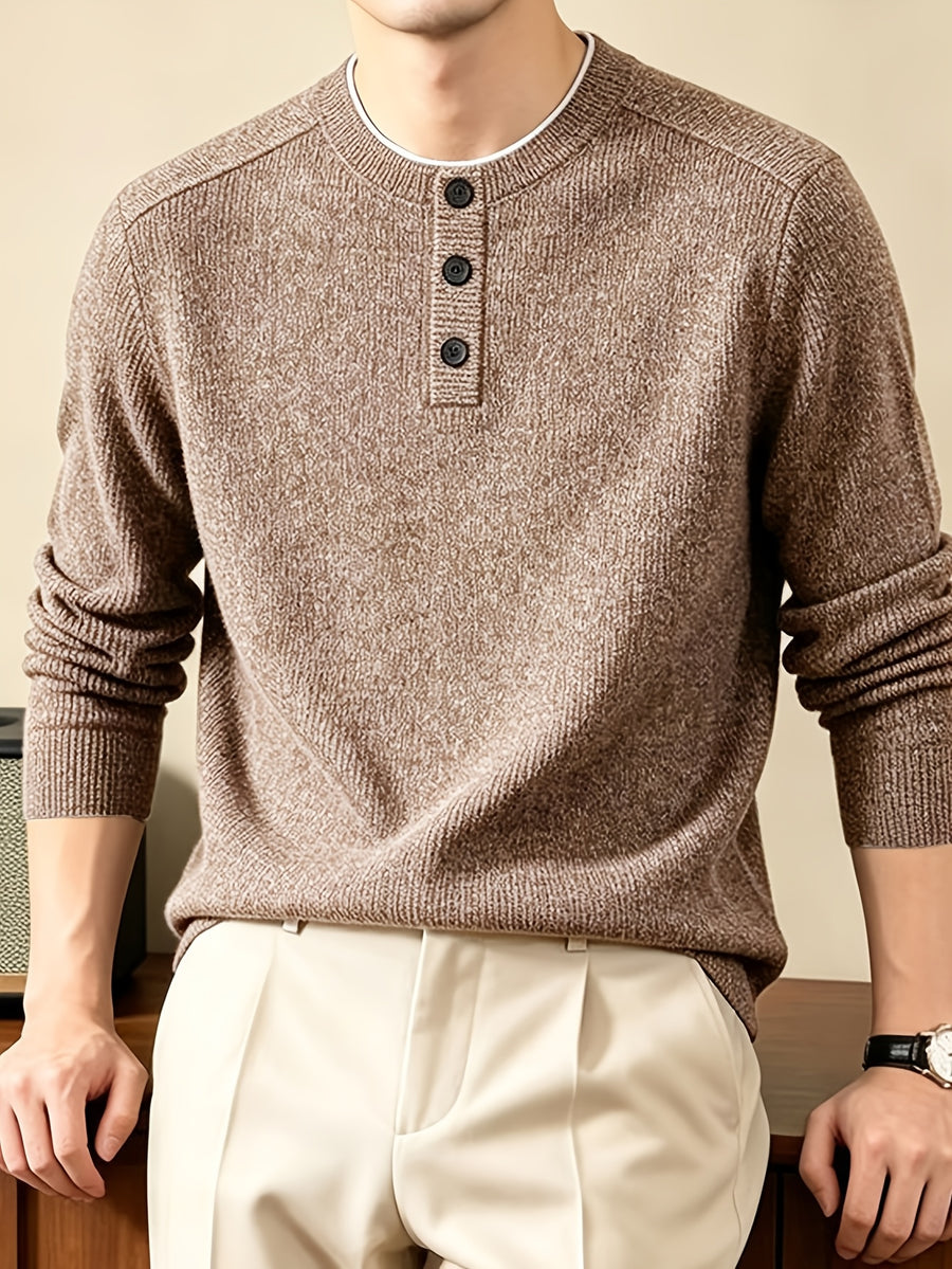 Men'S Henley Collar Knit Pullover Sweater, Half-Button Placket Design, Contrast Edge Trim Neckline Casual Easy Knit Top - Coffee Color