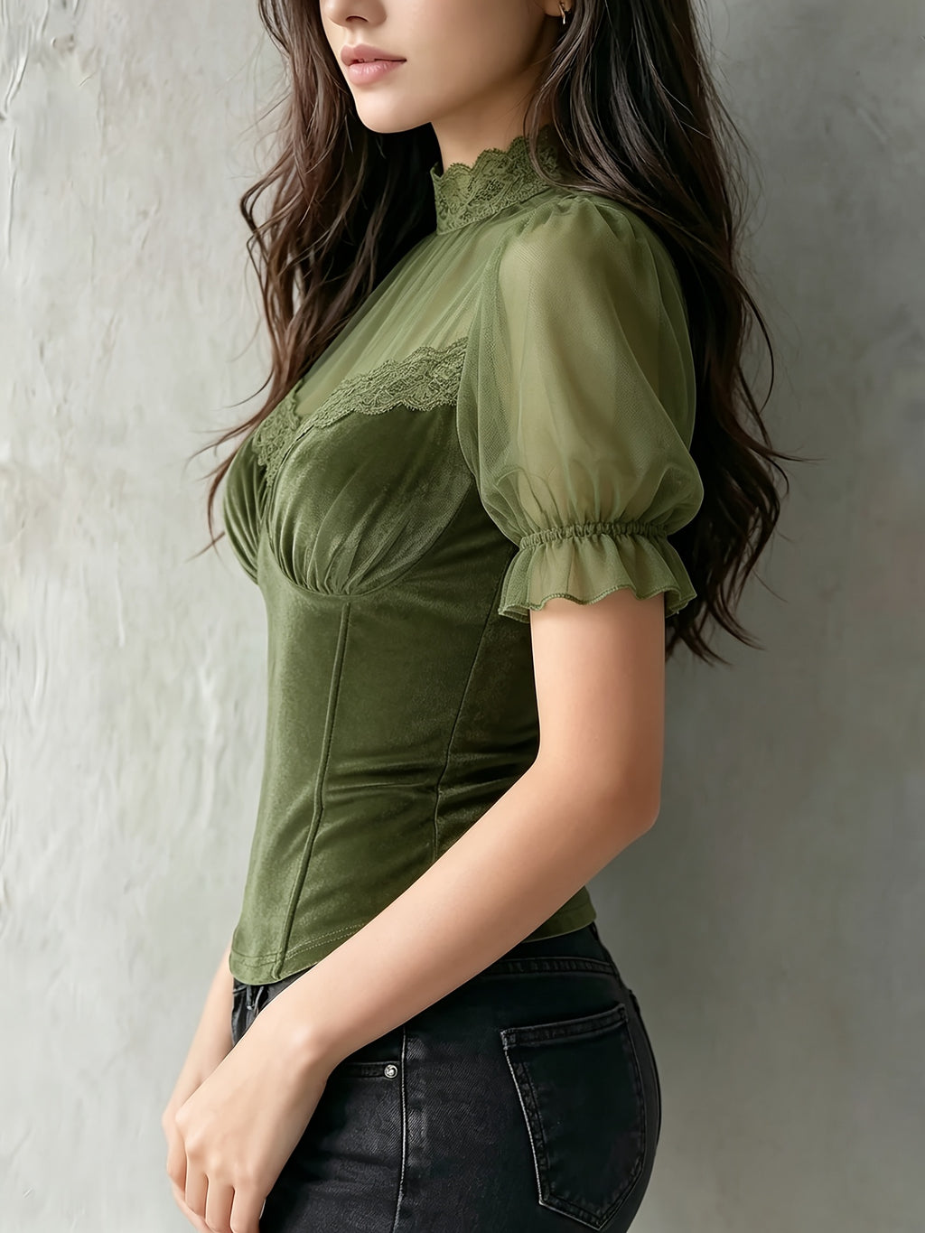 Development Bk260306052]Chic Velvet Sheer Sleeve Corset Top with Lace Trim Elegant Special - Olive Green