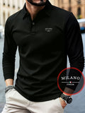 MILAN Fashion Letter Print Color-Block Pattern Men'S Long Sleeve POLO Shirt, Summer Long Sleeve T-Shirt, Business Casual Sporty Style Stretch Comfortable Style Golf Shirt, Summer Essential Business Top - Black