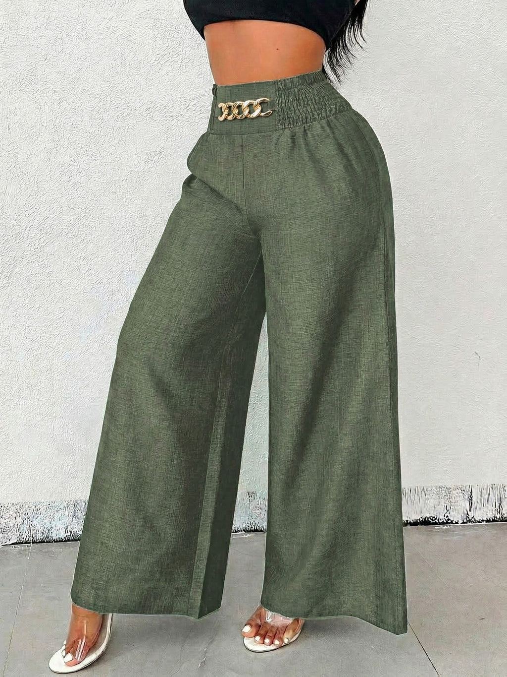 【imitation denim】[Printed Pants - Not Faux Denim Fabric]Women'S Elegant And Fashionable Faux Denim Waist Metal Buckle Elastic Waist Wide-Leg Pants, Solid Color Casual Comfortable Commuting Street Vacation Slightly Loose Straight-Leg Pants - Olive Green