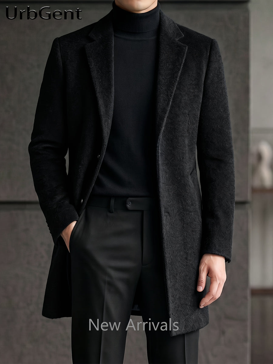 25% Wool Autumn/Winter Men's Suit Lapel Mid-Length Tweed Overcoat, Snowflake Texture Wool Blend Single-Breasted Jacket, Slim Fit Structured Minimalist Solid Color, Versatile Outerwear for Business Commuting and Daily Wear - Black