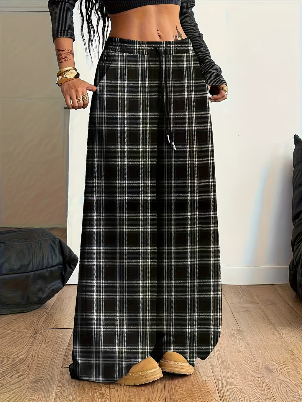 Women'S Plaid Wide-Leg Pocket Drawstring Casual Fashion Fall Winter Trousers - Deep Grey