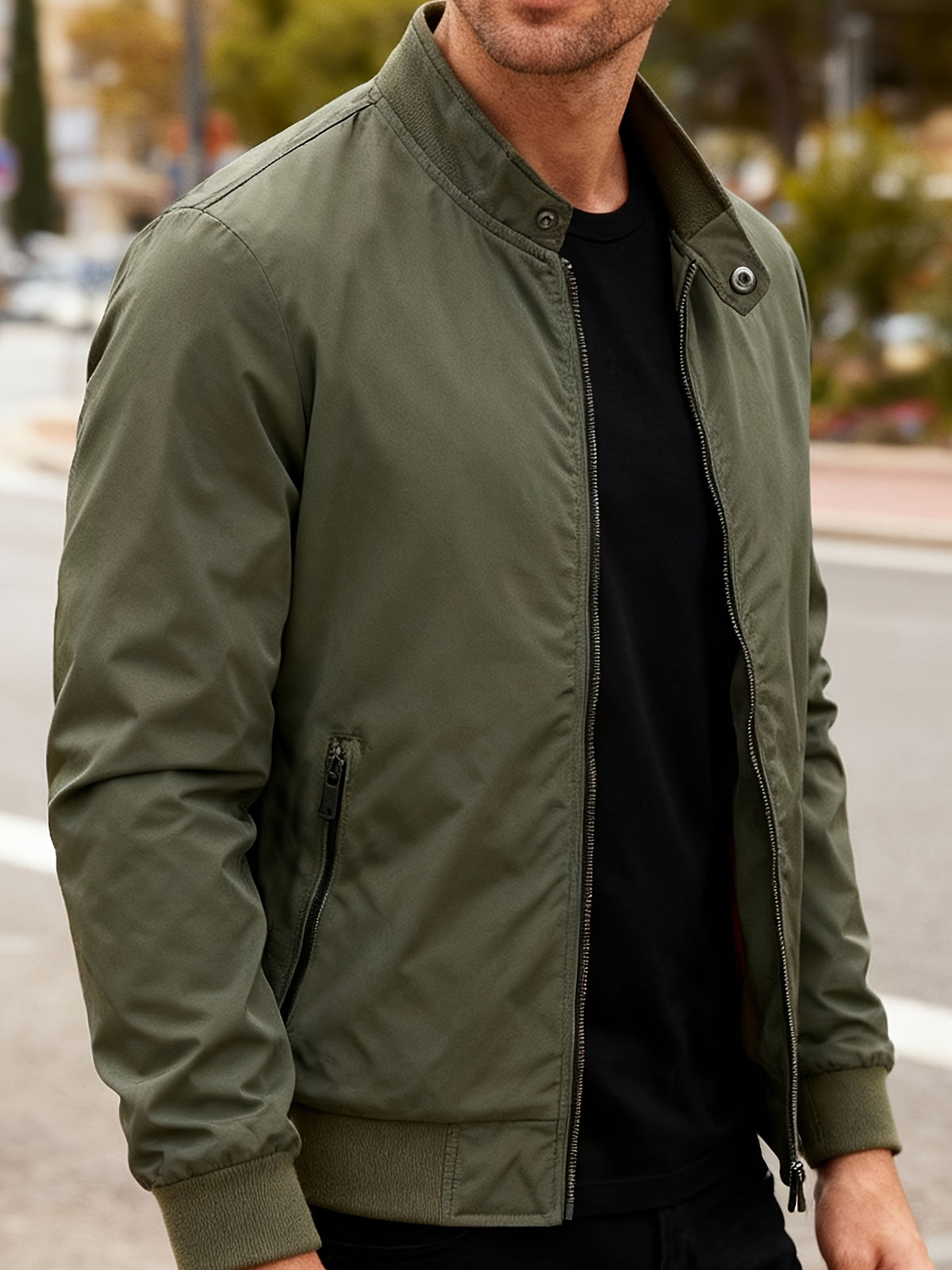 American Vintage Flight Style Stand Collar Casual Jacket - Military Green