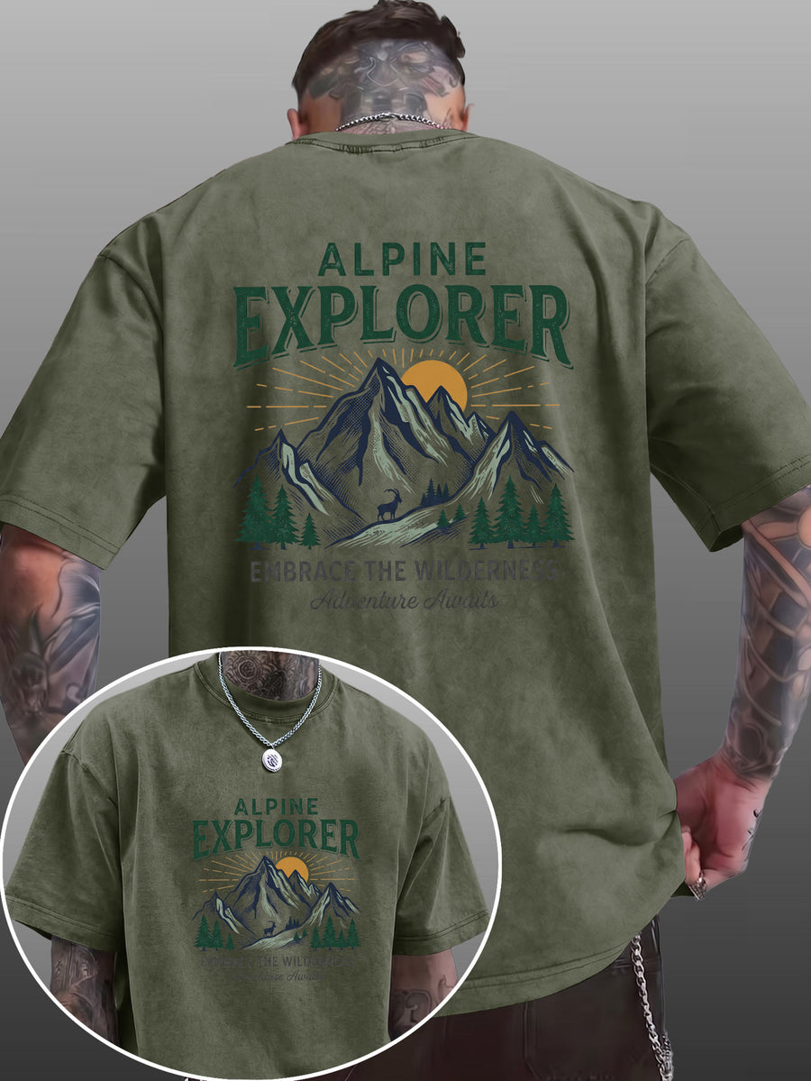 Short Sleeve T-Shirt Men'S Pure Loose Washed Distressed Top Mountain Adventure Forest Sunset Pattern Trendy Reversible Double-Sided Print Multicolor Casual American Street High Street Hip-Hop Style Daily Outing Commute Fitness Couple Style Y2K Natio - Military Green