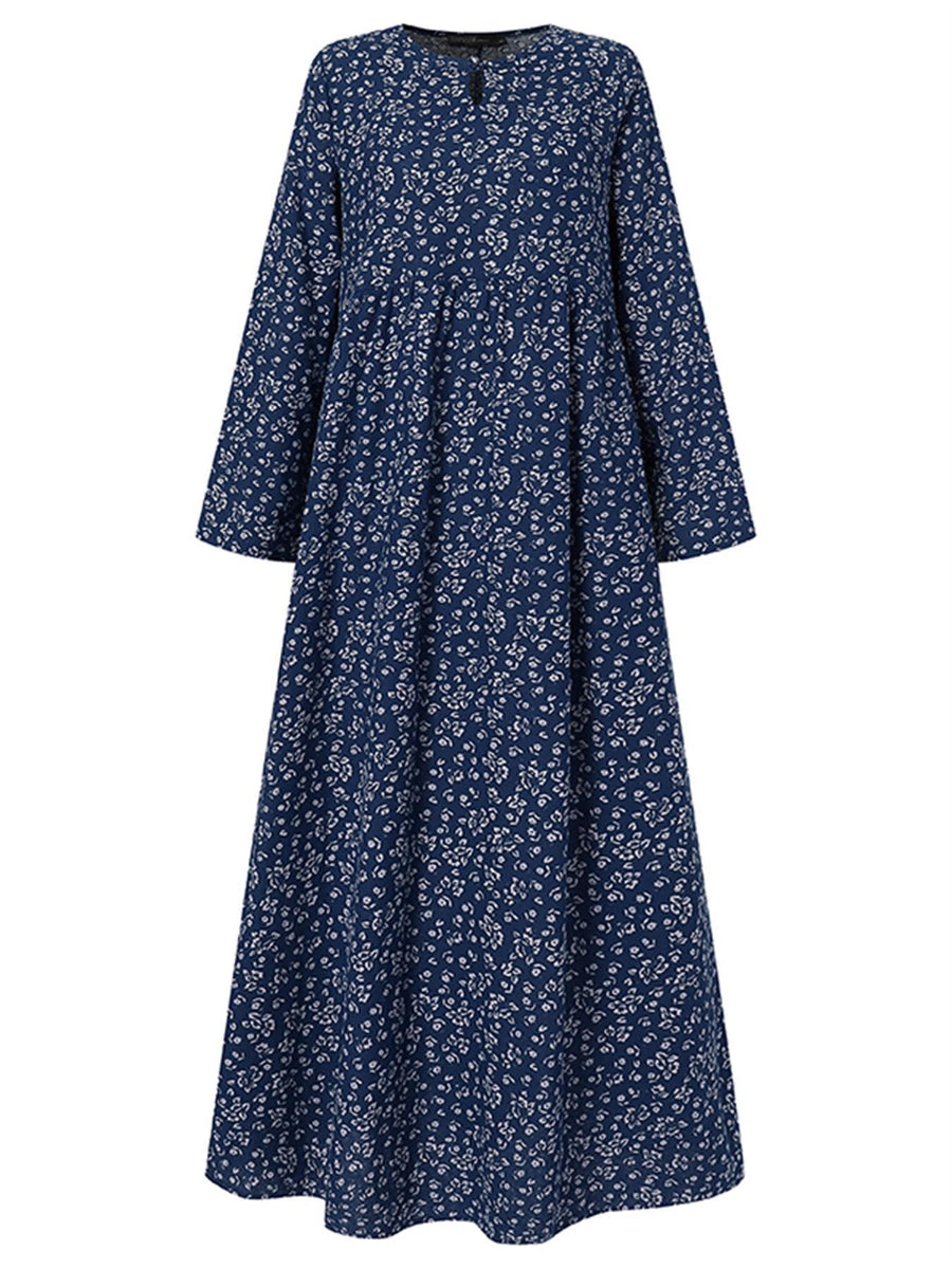 Plus Size, Plus Size Women Floral Print Maxi Dress Oversized Long Sleeve Crew Neck Vintage Holiday Casual Loose Long Dresses - Blue