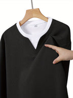 2026 Fashion Brand Print Creative Letter Pattern Mother's Day Waffle 2-in-1 Look Long Sleeve T-Shirt Men's New Casual Loose Outdoor Sports Breathable Oversize Top - Black