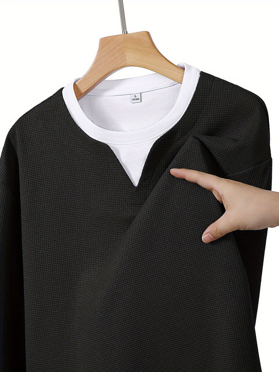 2026 Fashion Brand Print Creative Letter Pattern Mother's Day Waffle 2-in-1 Look Long Sleeve T-Shirt Men's New Casual Loose Outdoor Sports Breathable Oversize Top - Black