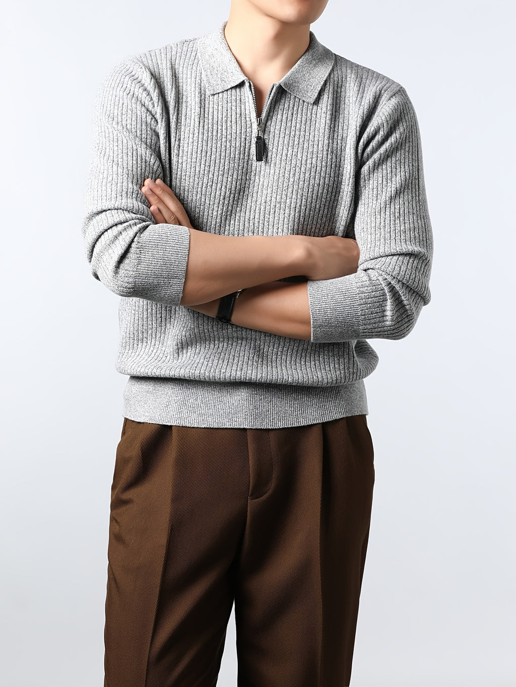 Xingfan Autumn/Winter Men's Ribbed Cable Knit Lapel Pullover Casual 4/1 Zipper Thickened Warm Long-Sleeve Sweater - Light Grey