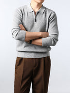 Xingfan Autumn/Winter Men's Ribbed Cable Knit Lapel Pullover Casual 4/1 Zipper Thickened Warm Long-Sleeve Sweater - Light Grey