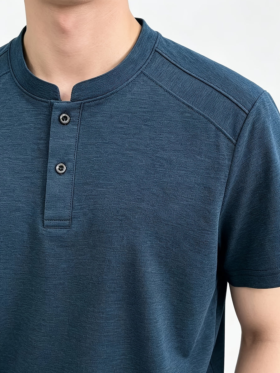 Men'S Solid Black Split Shoulder Mandarin Henley Collar Short Sleeve Top, Summer Office Daily Commute Golf City Street Outfit, Stretch Wrinkle Resistant Cooling Breathable 2-Button Tee, Middle-Aged Gentleman Business Casual Outfit, Minimalist Stand - Ha Qing
