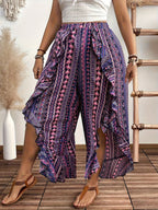 Women's Wide-Leg Ruffle Hem Bell-Bottom Pants with Ethnic/Boho Print - Elastic-Free Trousers for Spring Summer Resort Wear, Machine Washable (Suitable for bohemian, Mediterranean, Asian styles) - Mixed colors
