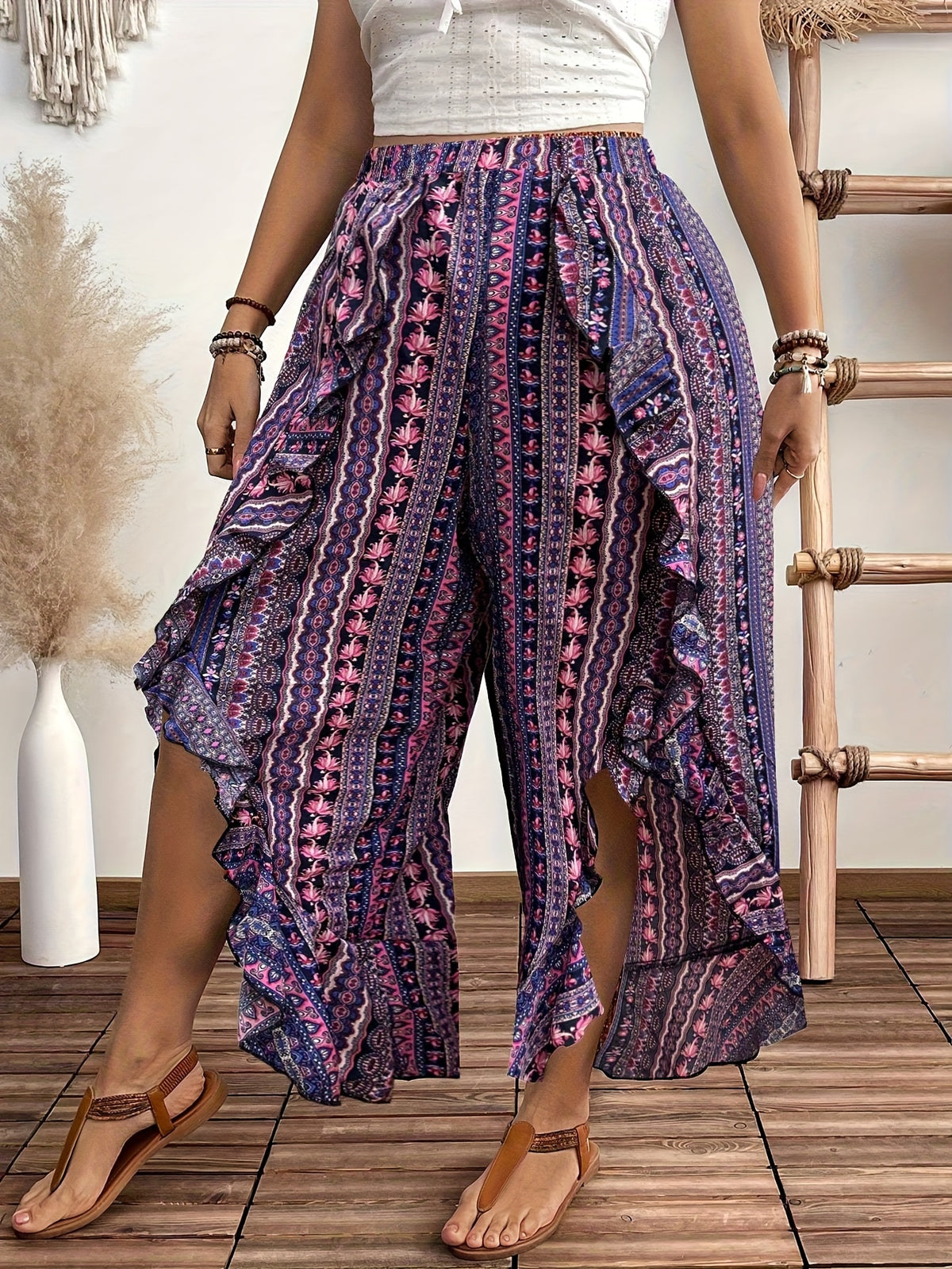 Women's Wide-Leg Ruffle Hem Bell-Bottom Pants with Ethnic/Boho Print - Elastic-Free Trousers for Spring Summer Resort Wear, Machine Washable (Suitable for bohemian, Mediterranean, Asian styles) - Mixed colors