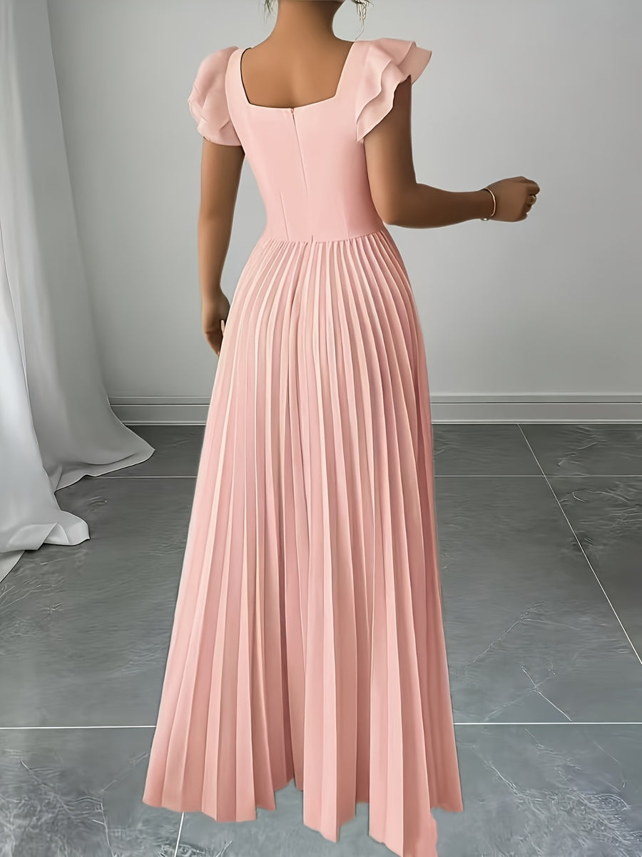 Women'S Elegant Floral Print Pleated Hem Long Dress, Summer - Pink