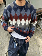 New Autumn/Winter Men's Daily Casual Plaid Pattern Crew Neck Sweater, Loose Fit High Street Knit Top - Blue