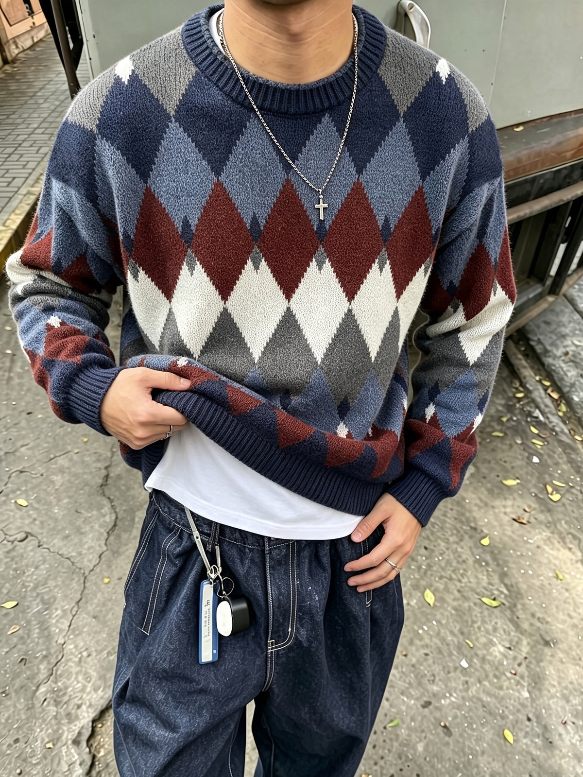 New Autumn/Winter Men's Daily Casual Plaid Pattern Crew Neck Sweater, Loose Fit High Street Knit Top - Blue