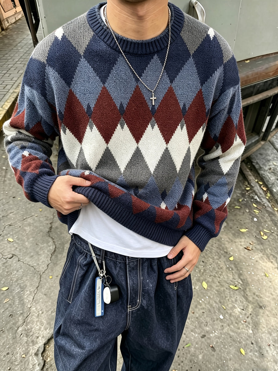 New Autumn/Winter Men's Daily Casual Plaid Pattern Crew Neck Sweater, Loose Fit High Street Knit Top - Blue