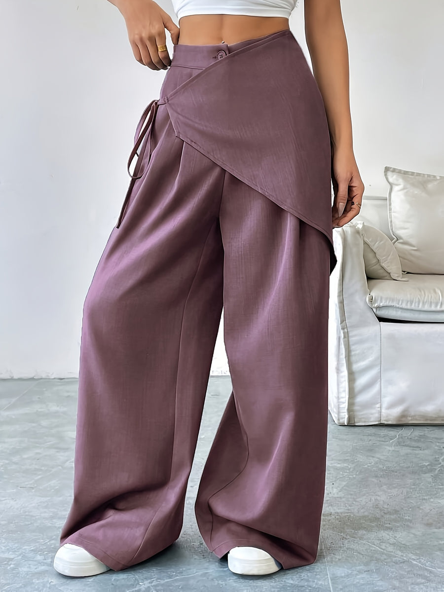 Women's Solid Color Cross-Tie Loose-Fit Leg-Length Casual Pants - Purple