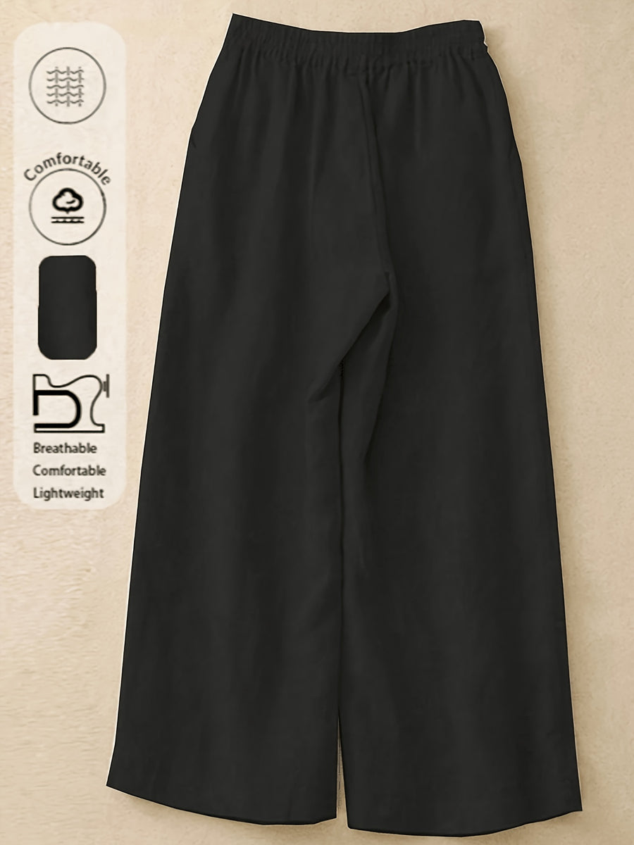 Women's Straight-Leg Ankle Pants with Button Closure & Detail - Loose-Fit Trousers Suitable for Seasons, Solid Color Casual to Dressy Wear, Machine Washable Non-Stretch Pants for Office, Everyday Outfits - Black