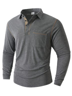 KJ-P029 Men's Long Sleeve Henley Shirt with Contrast Color Placket and Pocket Design, Stretchy, Comfortable, and Casual Polo for Daily Commuting Wear - Dark Gray
