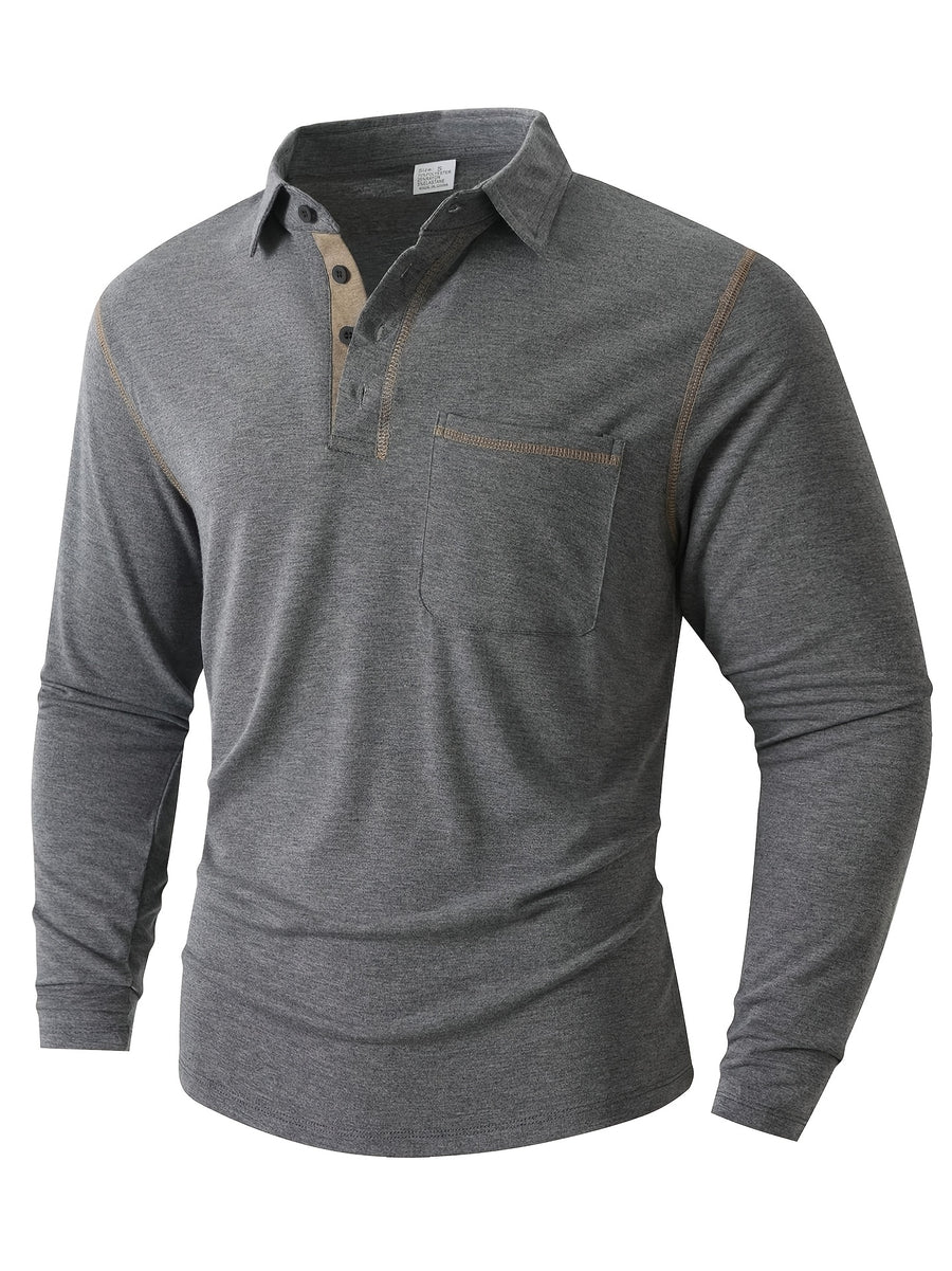 KJ-P029 Men's Long Sleeve Henley Shirt with Contrast Color Placket and Pocket Design, Stretchy, Comfortable, and Casual Polo for Daily Commuting Wear - Dark Gray