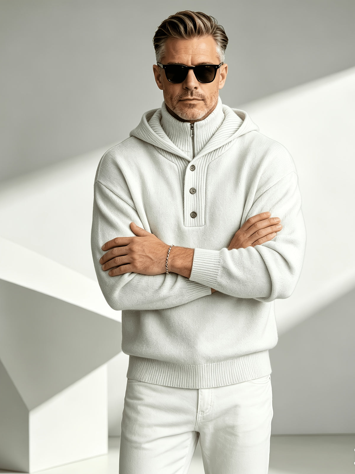 2026 New Fashionable Business Mature Casual Men'S Hooded Long Sleeve Knit Sweater, Slim Soft Warm Solid Color Knit Pullover Top, Fall Winter Suitable for Daily Office And Weekend Casual Outfits - Ivory White