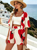 Vacation-style Geometric Print Short Set, Featuring a Front-open Short-sleeve Tunic and a Drawstring Loose-fit Shorts, Suitable for Spring and Summer, Women's Clothing - Red