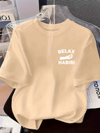 Front And Back Printed Women'S Fashion Base Print T-Shirt, Soft And Versatile, Casual Style Printed Pattern with RELAX HABIBI Lettering And Hand Gesture Design Printed Short Sleeve T-Shirt, Suitable for Casual Wear, Fashion All-Season Top - Apricot