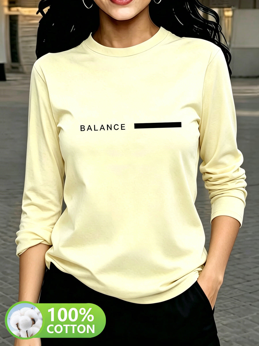 Women'S Fashion Casual Round Neck Long Sleeve T-Shirt, 100% with Lettered Stripe Pattern, Stylish Easy Comfortable Loose Fit - 【Light Yellow】