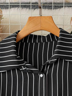 [Size for Regular Fit] Women'S Spring Autumn Elegant Striped Loose Long Sleeve Shirred Blouse, Chain Detail Tie-Waist Shirt - Black