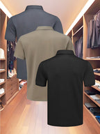 3pcs Value Pc, Summer Short-sleeve Polo Shirt! New Jacquard Fabric, Quick-drying, Lightweight and Breathable, Easy to Wash and Dry Quickly. Men's Color-blocked Cool and Comfortable Polo Shirt with Lapel, for Sports and Casual Wear. Men's Short-sleeve - Gray Card Black