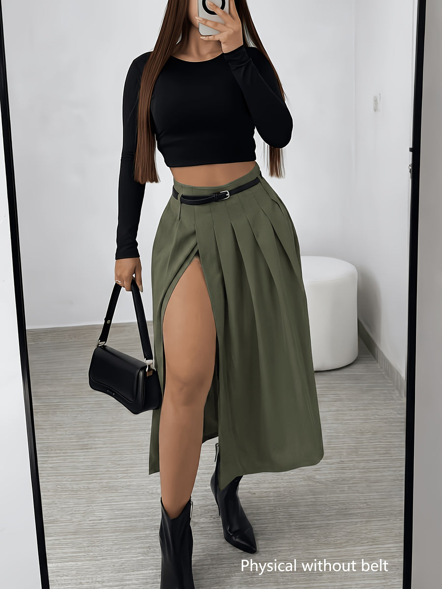 New Spring/Summer Women's High-Waist Pleated Skirt, Waist-Cinching Spicy Style, Versatile Midi Length, Beltless Design - Tactical Green