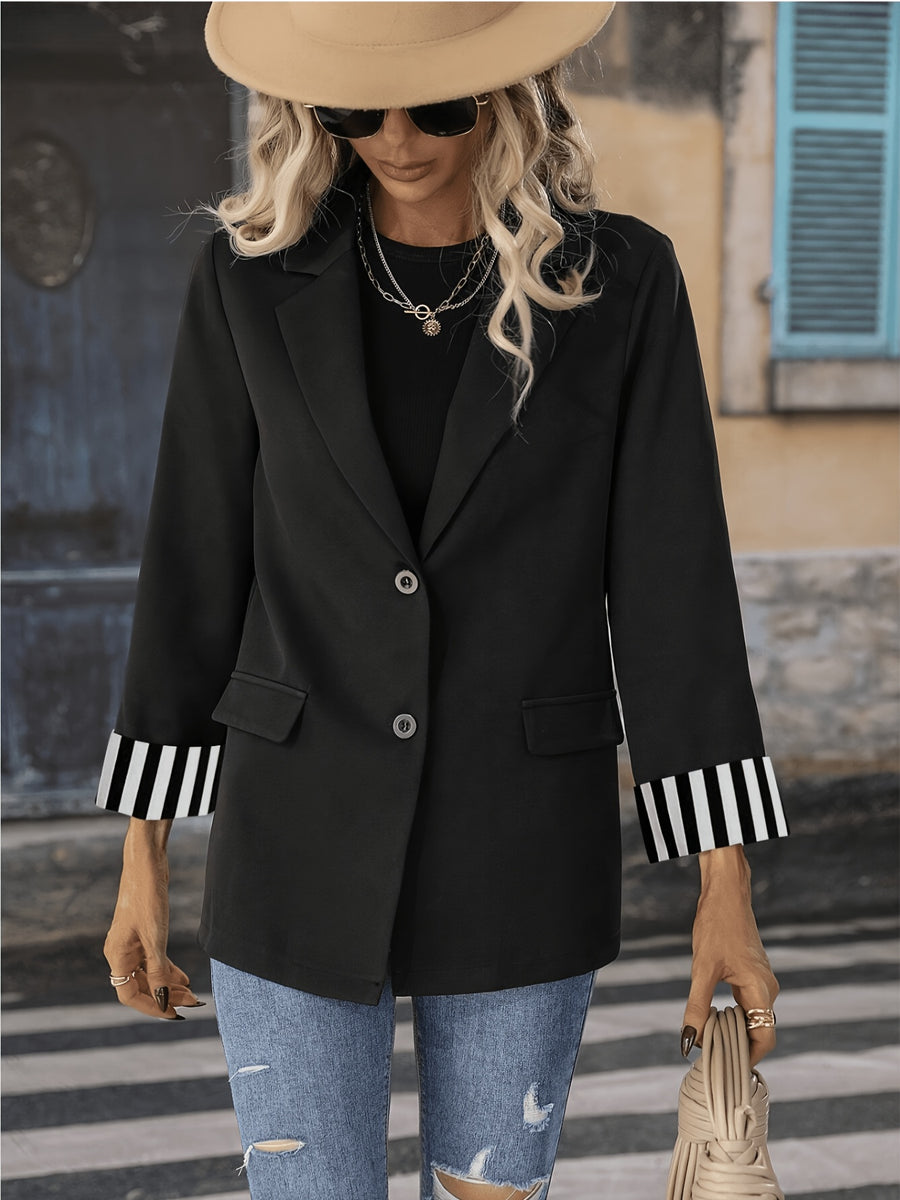 New Women's Striped Trim Patchwork Buttoned Suit Thin Blazer, Four Seasons Style, Suitable for Commuting and Daily Wear, 598# - Black