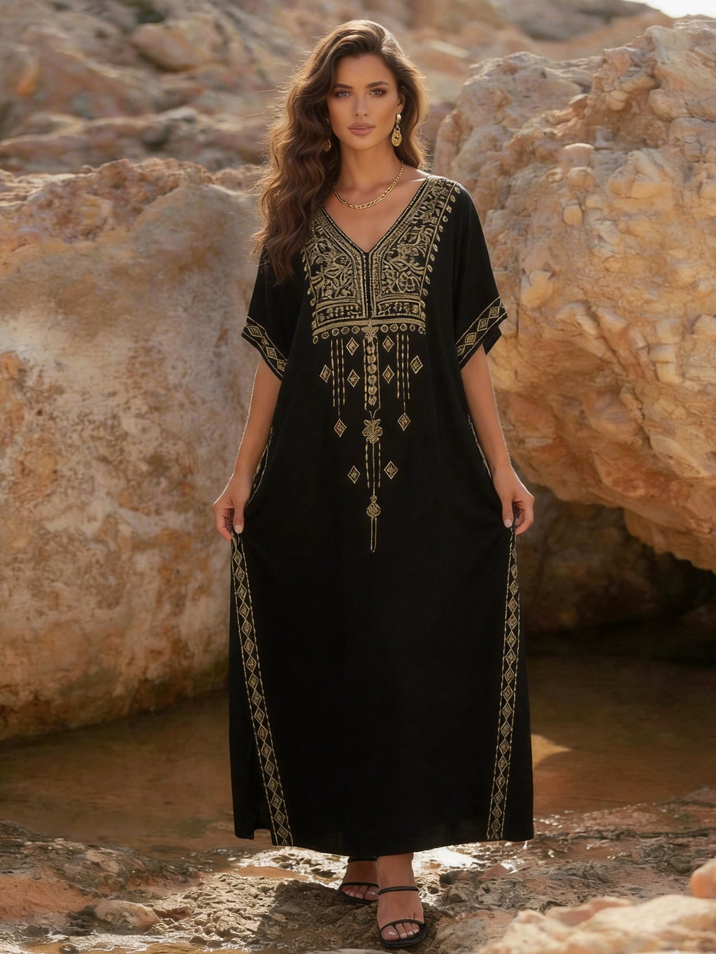 Embroidery Print Causal Short Sleeve Maxi Dress for Women 2026 Summer Split Sides Ethnic Pattern Caftan Robe Loungewear Q1704 - Black