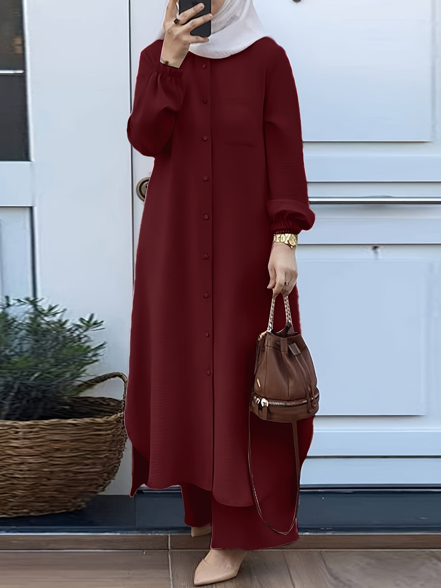 New Arabian 2pcs Abaya Set - Women'S Elegant Multi-Button Solid Color Long Sleeve Wide-Leg Trousers Without for Ramadan Spring Autumn Daily Commute - Burgundy
