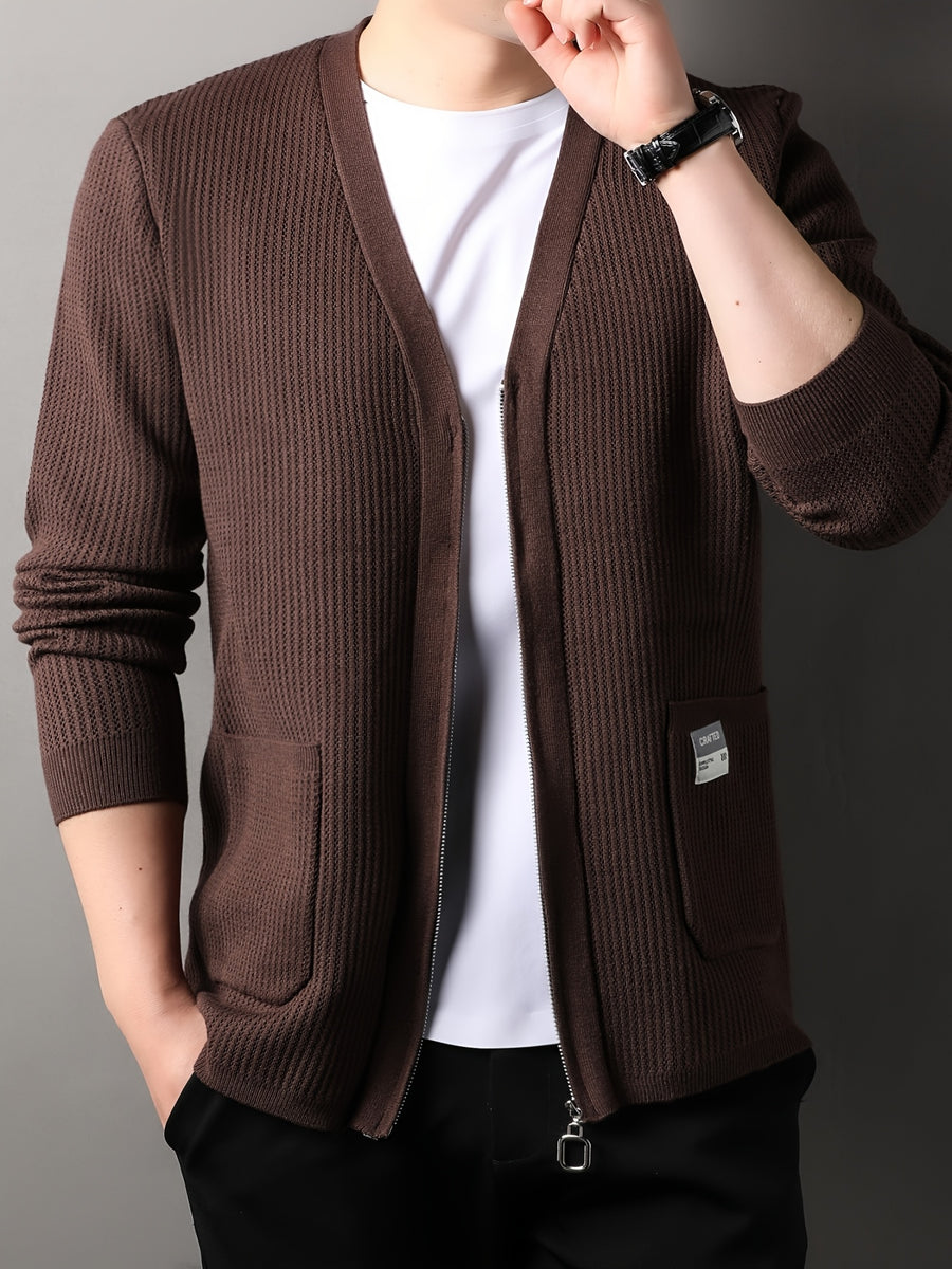 Men's Old Money Style Knit Cardigan Sweater Jacket - Solid Color V-Neck Zipper Front with Side Pocket, Open Front Zipper Suitable for Business Casual, Layering for Golf, Outdoor, Vacations, Spring/Autumn Wear, Versatile for Daily Outfits - Coffee Brown