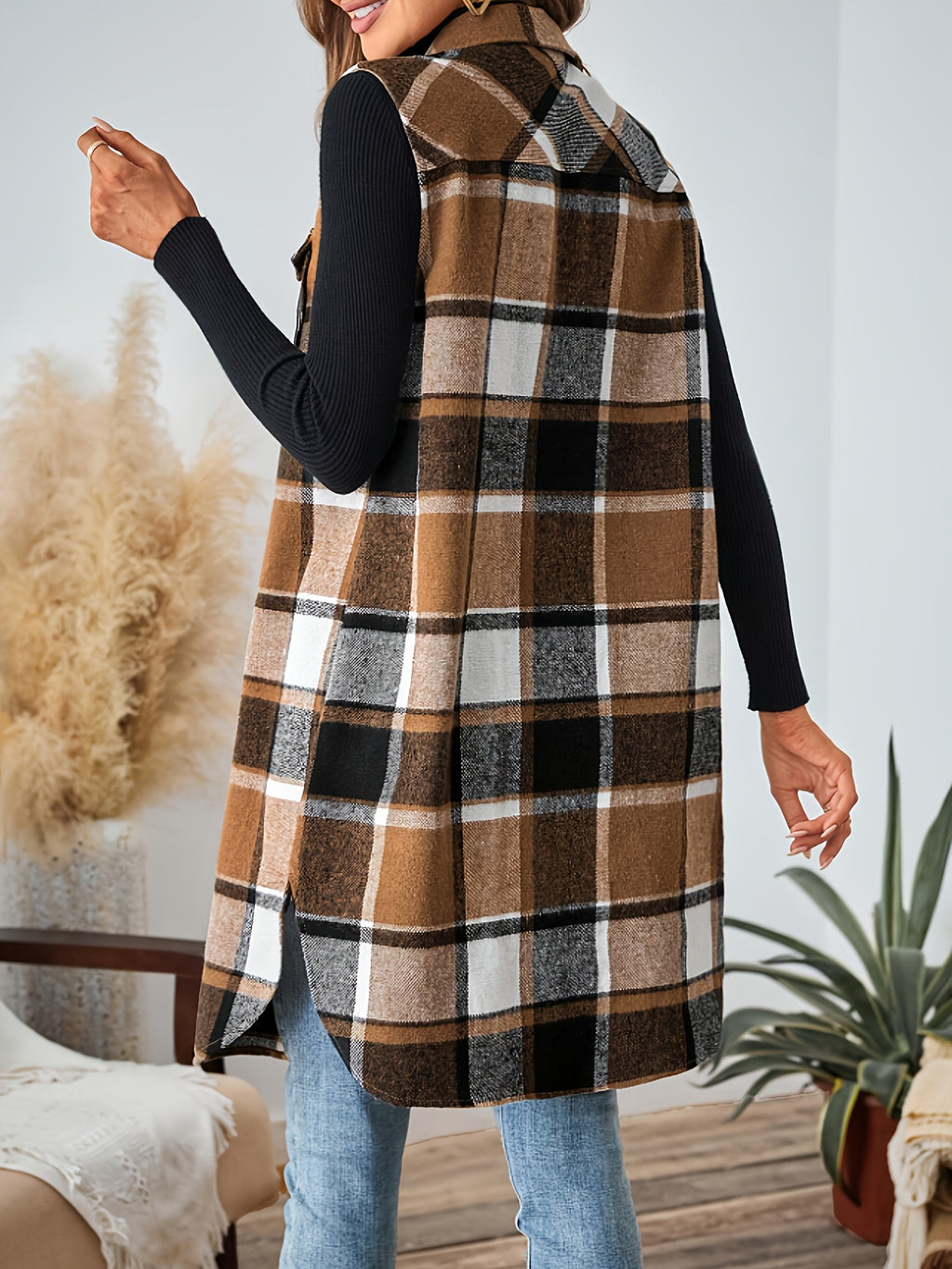 Plaid Pocket Sleeveless Casual Women's Vest Jacket - Light Brown-1