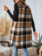 Plaid Pocket Sleeveless Casual Women's Vest Jacket - Light Brown-1