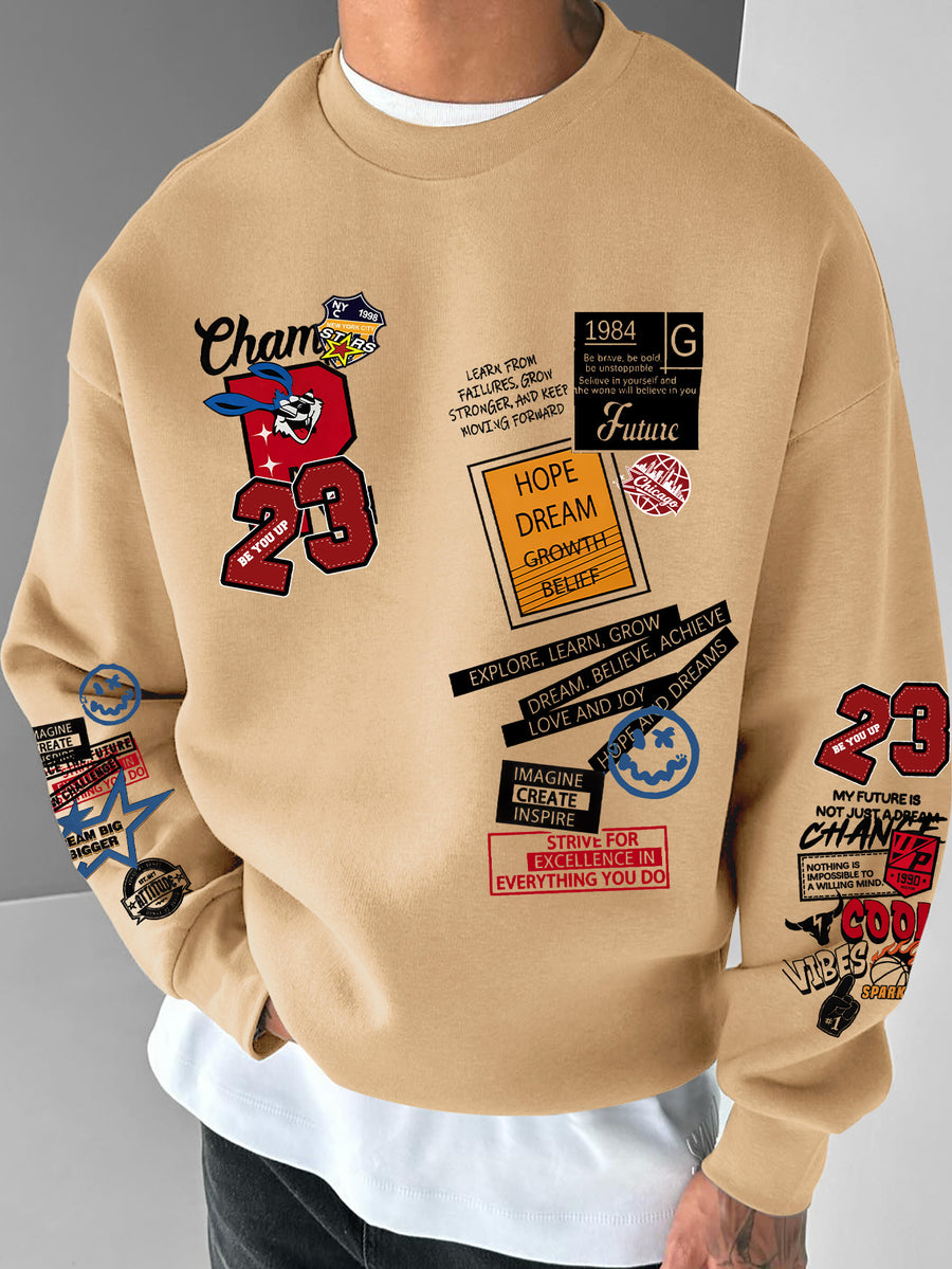 Men's Vintage '23' Number & Retro Logo Sweater - Relaxed Fit Round Neck Sweashirt, Machine Washable Casual Sweaters for Travel, Commuting, Parties (Non- Pullover) - Khaki