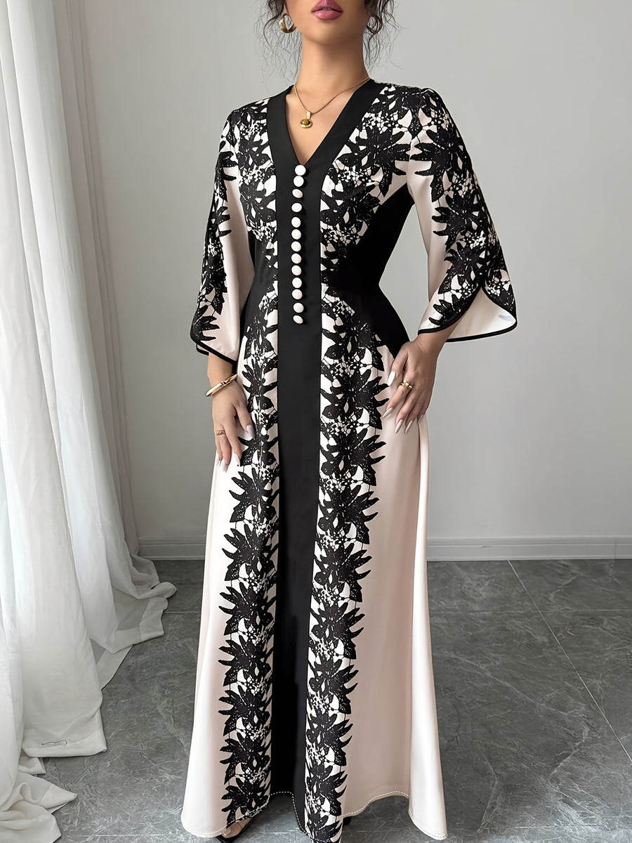Plus Size, Elegant and Fashionable Plus-size Women's Printed Long-sleeve Dress, Adorned with Buckle Embellishments, Featuring a V-neck and Slit Cuffs. Suitable for Parties, Outings, Romantic Dates, and Daily Wear. Designed for Plus-size Women - Black