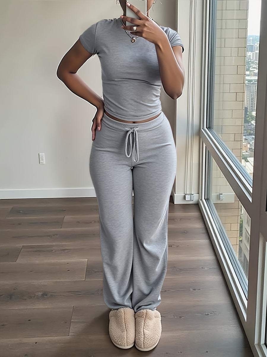 Women'S 2pcs Short Sleeve Top And Wide-Leg Pants Set, Fake Drawstring Waistband, Casual All-Season Outfit, Comfortable Home Wear, Daily Attire, Casual Style, Short Sleeve Top, Women'S Set, Women'S Clothing, Fashion Top, Autumn Women'S Wear - Grey