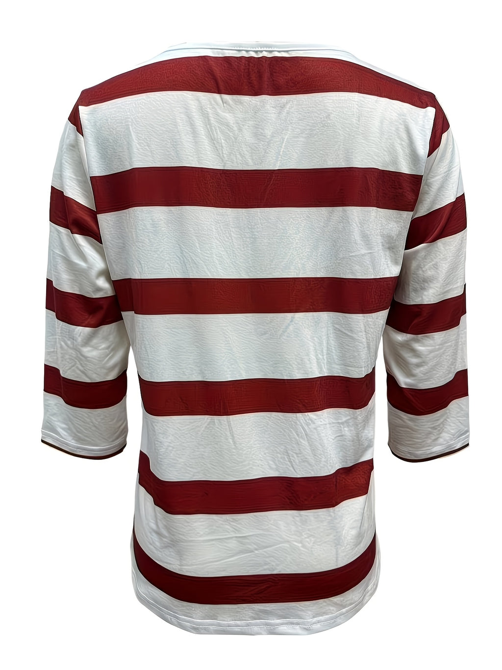 Women's Fashion New Spring/Summer Striped Print V-Neck Button-Up Three-Quarter Sleeve Loose Fit Casual Top Base Tee, Comfortable and Stylish - Suitable for Daily Wear and Home - Red And White